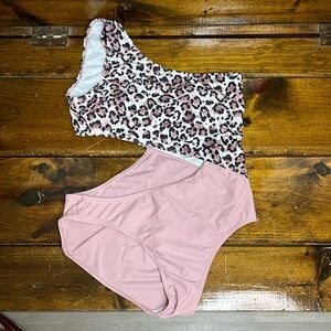 Amazon One Piece and One‎ Shoulder Leopard Print and Pink Cutout Swimsuit- M